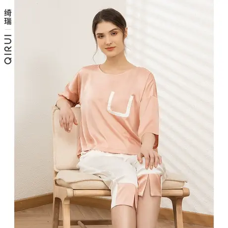 绮瑞丝绸睡衣女士夏季半袖七分裤薄款夏天绸缎纯色家居服套装夏款图片