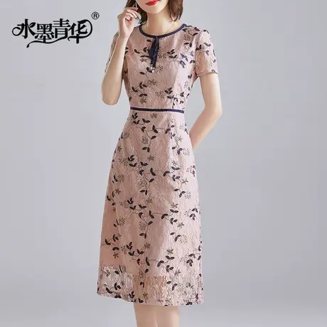 水墨青华热卖夏装新品短袖女装时尚中长修身a字蕾丝连衣裙图片