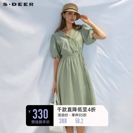 sdeer圣迪奥女装V领收腰泡泡袖新中式连衣裙S232Z12DN图片