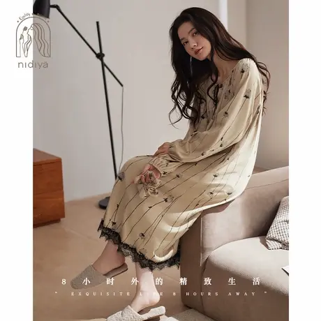 妮狄娅睡衣睡裙女秋季长袖柔软棉复古中长裙春秋季法式气质家居服图片