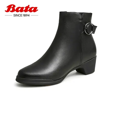 奥莱Bata时装靴女冬商场新款粗跟软底百搭牛皮通勤短筒靴AV458DD2图片