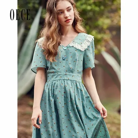 Oece夏装新款女装 复古减龄蕾丝花边娃娃领裙子碎花连衣裙图片