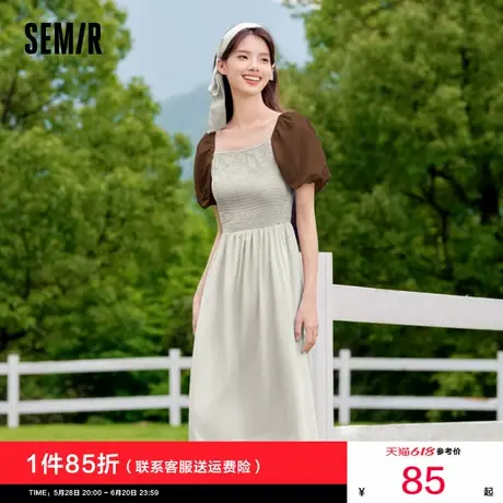 森马连衣裙女撞色泡泡袖甜美优雅气质秋季赫本风紧身短裙法式复古图片