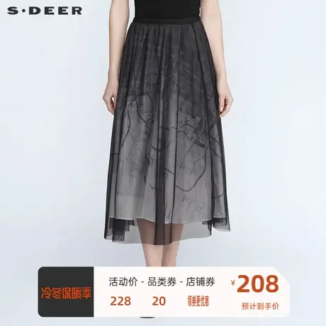 sdeer圣迪奥时尚松紧撞色印花网纱拼接长裙S21181104图片