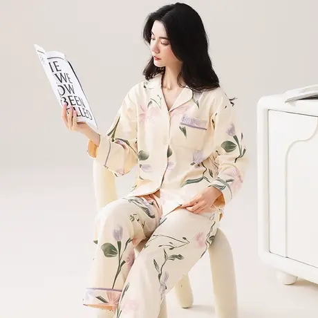 猫人睡衣女春秋季纯棉开衫款高级感休闲家居服秋冬全棉可外穿套装商品大图