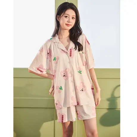 唐狮睡衣女士夏季新款莫代尔卡通开衫短袖两件套套装可外穿家居服图片