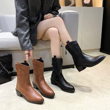 西部牛仔靴女2023年春秋季新款复古时尚百搭瘦瘦靴尖头v口中筒靴商品大图
