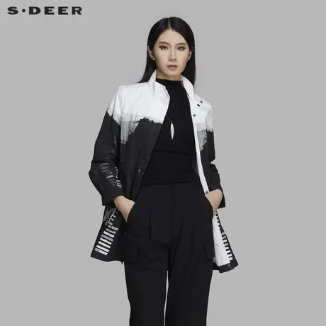 sdeer圣迪奥春秋女装黑白撞色抽褶收腰立领中长款风衣S20181702图片