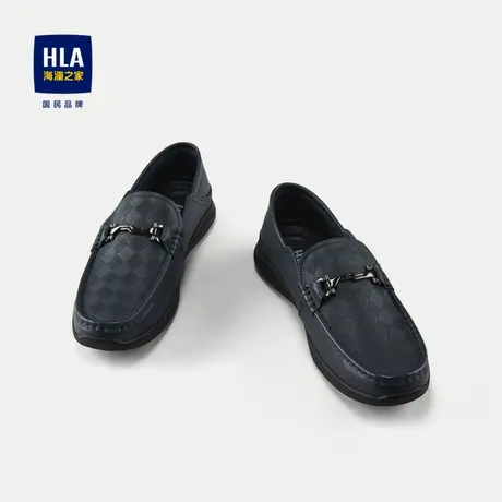 HLA/海澜之家一脚蹬休闲鞋2024新款透气牛皮革格纹压纹套口皮鞋男商品大图