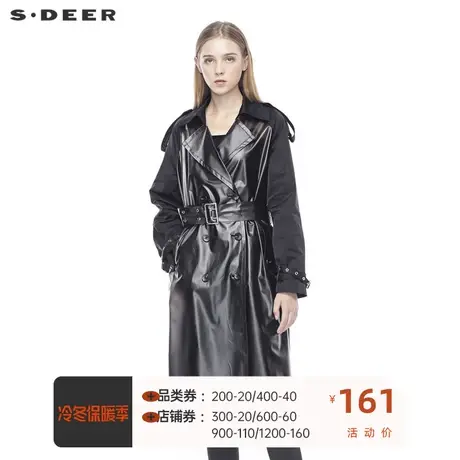 sdeer  圣迪奥女装翻领双排扣创意拼接收腰纯黑大衣S19381849商品大图