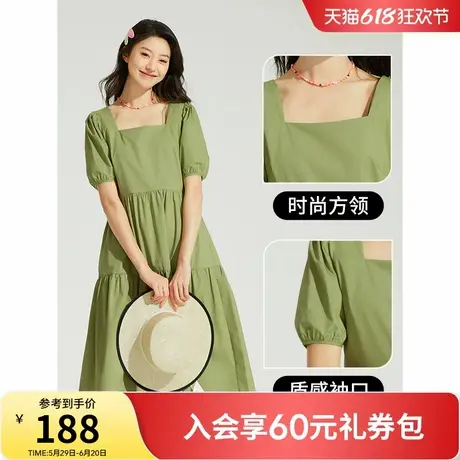 热风绿色连衣裙2025年夏季新款女装法式方领连衣裙子蛋糕裙长裙图片