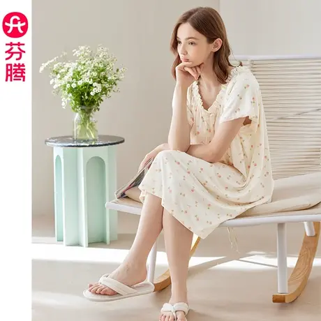 芬腾纯棉睡裙女睡衣夏季薄款V领透气带胸垫防凸点全棉舒适家居服图片