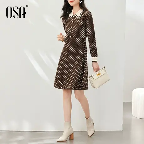 OSA欧莎波点针织连衣裙女秋冬季2023年新款中长款复古polo领裙子图片