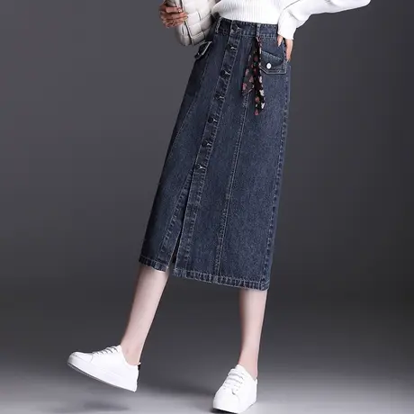 时尚单排扣a字裙女韩版高腰中长款牛仔半身裙2023春秋新款休闲裙图片