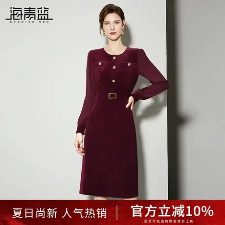 海青蓝高级感灯芯绒红色连衣裙女2024秋装新款小香风显瘦中长裙图片