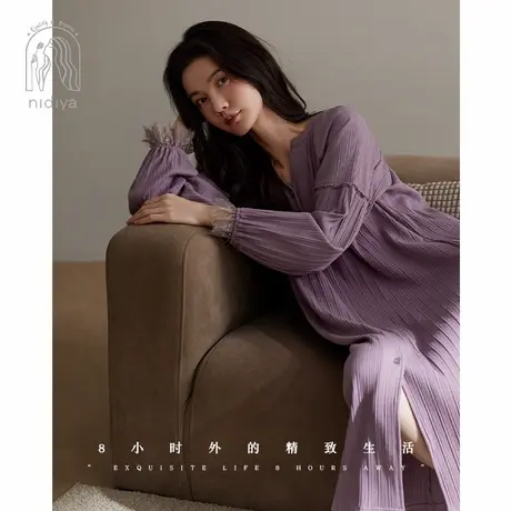 妮狄娅睡衣睡裙女秋季长袖纯棉法式优雅中长裙气质条纹春秋家居服图片