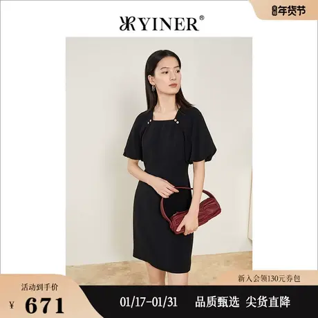 【赫本小黑裙】YINER音儿女装2022夏季三醋纤方领连衣裙图片