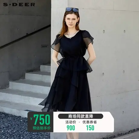 sdeer圣迪奥女装圆领收腰条纹网纱泡泡袖连衣裙S23281213图片