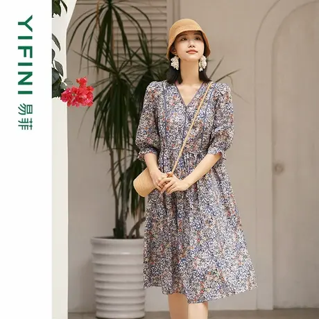 [专柜同款]Yifini/易菲 100支新疆长绒棉 法式V领文艺印花连衣裙图片