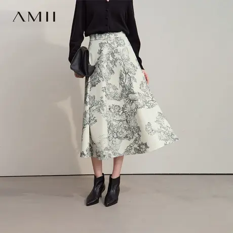Amii2025秋新款国风松林手绘印花宽松中长无弹A字雪纺半身裙图片