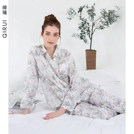 绮瑞睡衣女春夏可外穿梭织棉长袖国风印花纯棉薄款大码家居服套装图片
