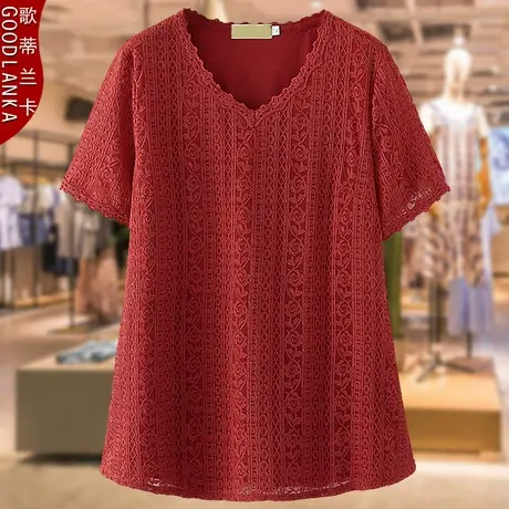 中年妈妈夏装蕾丝上衣女宽松200斤时尚加肥加大码女装V领中长小衫图片