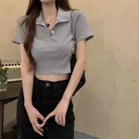 大码正肩短袖t恤女装胖mm夏季辣妹露脐polo衫修身显瘦短款上衣潮图片