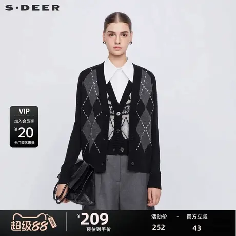 【航海系】sdeer圣迪奥女装学院风菱格纹撞色开衫针织衫S24463504商品大图