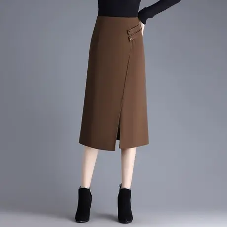 开叉毛呢包臀裙韩版修身一步裙高腰半身裙女秋冬季2023新款中长裙图片