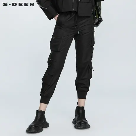 sdeer圣迪奥春秋装个性松紧口袋罗纹工装运动裤女S21180805商品大图