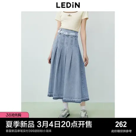 乐町韩系少女风牛仔百褶裙24年夏季新款拆边设计轻甜浅牛仔半身裙图片