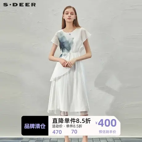 sdeer圣迪奥女装圆领水墨晕染收腰网纱连衣裙S232Z12ED图片