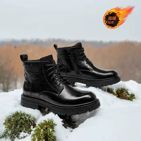 Montagut/梦特娇男士加绒保暖马丁靴 冬季头层牛皮高帮棉鞋雪地靴图片
