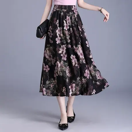 气质印花雪纺半身裙女夏季2025新款垂感显瘦中长款通勤口袋a字裙图片