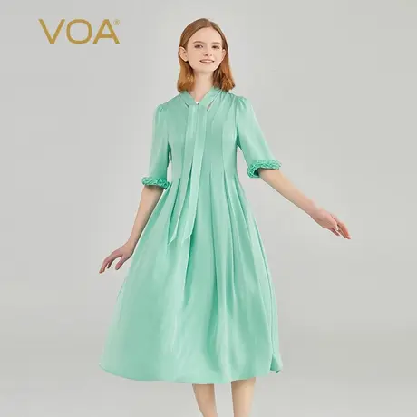 VOA40姆米双面乔重磅厚桑蚕丝木耳边五分袖糖果绿清新真丝连衣裙图片