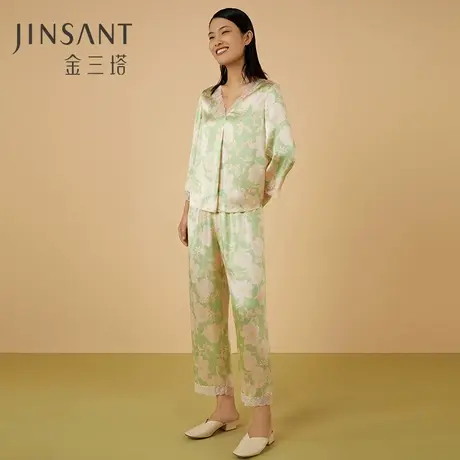 金三塔100%桑蚕丝意盎然真丝印花拼蕾丝女士家居服衣裤套新品图片