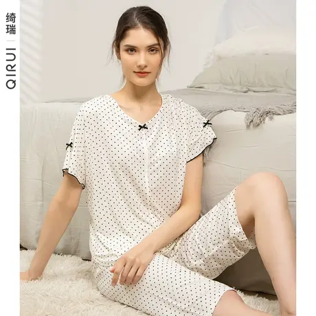 绮瑞睡衣女夏莫代尔短袖七分裤薄款波点套装家居服女士夏季大码图片