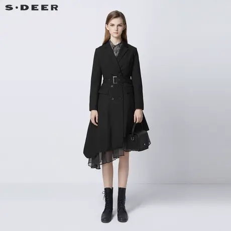 sdeer圣迪奥女装春秋装复古双排扣网纱高腰风衣外套女S21361809图片