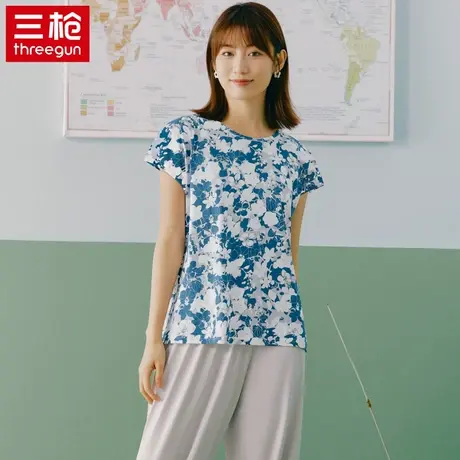三枪女士夏季新款短袖圆领纯棉睡衣可外穿全棉家居服休闲印花T恤图片