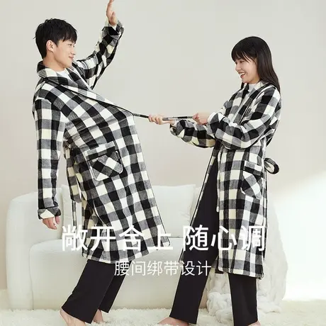 秋鹿情侣睡袍冬款女加厚加绒珊瑚绒格子大码晨袍睡衣长款男士浴袍图片
