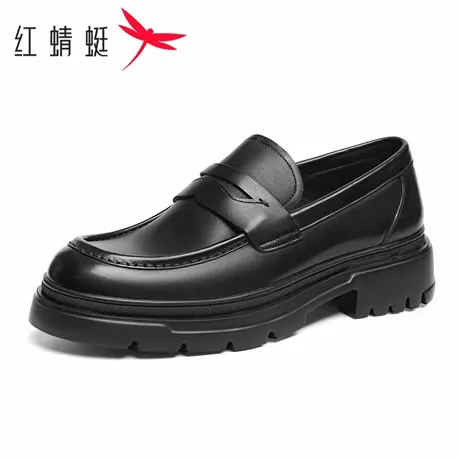 红蜻蜓皮鞋男款春季真皮商务休闲鞋男士黑色厚底增高一脚蹬乐福鞋图片