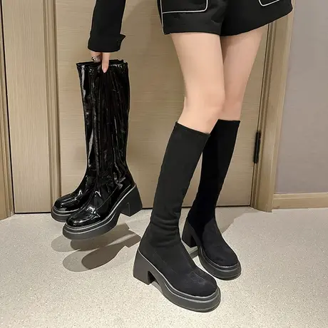 不过膝靴子女长筒靴显瘦高跟2023年新款ins小个子黑色法式骑士靴商品大图