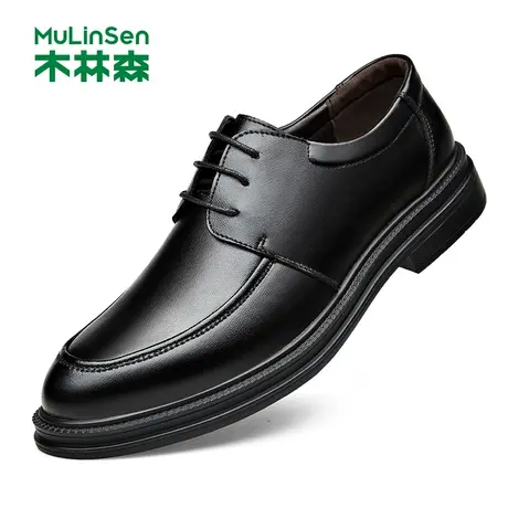 木林森男鞋2023新款英伦风商务休闲皮鞋男士黑色真皮软面软底鞋子图片