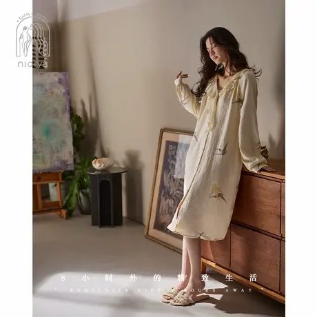 妮狄娅睡衣睡裙女春季纯棉纱布长袖甜美优雅开衫中长裙春秋家居服图片