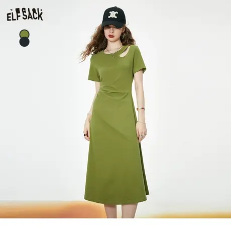 妖精的口袋镂空t恤连衣裙女2023秋季新款抽褶显瘦设计感休闲长裙图片