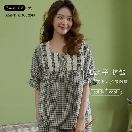 睡衣夏季女士2022年新款日系格子短袖短裤薄款宽松大码夏天家居服图片