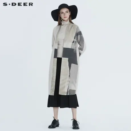 sdeer圣迪奥冬季休闲开襟晕染印花中长款毛呢大衣女S20461814图片