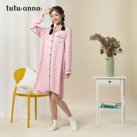 tutuanna家居服睡衣女款 春秋爱心满印花前扣长袖舒适长款睡裙女图片