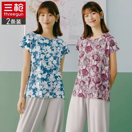 三枪夏季新款休闲纯棉短袖女可外穿睡衣全棉印花圆领薄款打底T恤图片