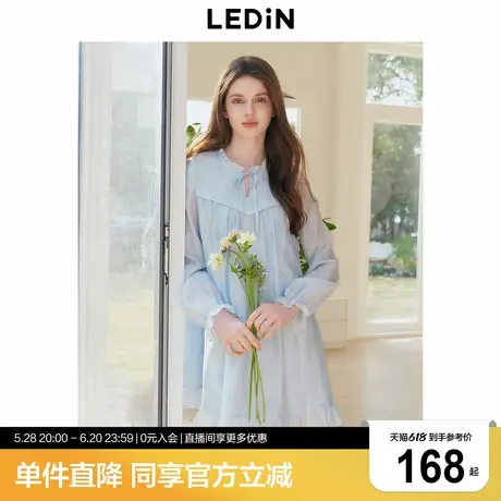 乐町韩系A字裙25年春季新款女装蓝色碎花长袖裙气质花边领娃娃裙图片